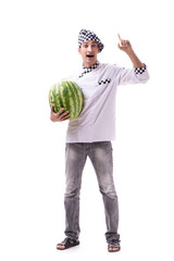 Young male cook with watermelon isolated on white