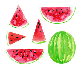 Watercolor set with watermelon slices. Raster hand drawn elements.