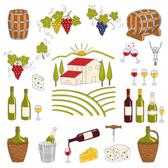 Wine and wine making set vector illustrations