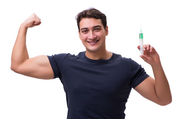 Young man in doping concept isolated on white