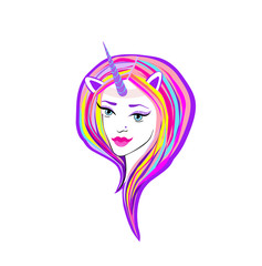 Unicorn style. Costume for halloween. Girl with horn and colorful mane. Pink sensitive lips, blue eyes with black arrows. Pink hair wig.Vector girl face for print banner, poster. Teenager sticker