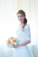 Beautiful bride smiling big wedding bouquet