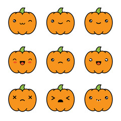 Halloween kawaii cute pumpkin icons isolated on white background.