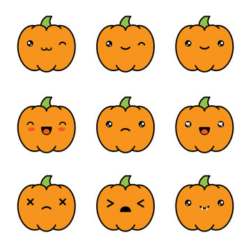 Halloween Kawaii Cute Pumpkin Icons Isolated On White Background.