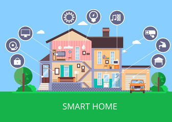Vector flat smart home in cut view
