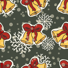 Jingle bells vector seamless pattern isolated on dark background. Merry Christmas and Happy New Year design in traditional style. Golden Christmas bell with red ribbon. Simple minimal flat design.