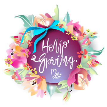 Hello Spring banner, background. Beautiful abstract flowers (floral) frame, bouquet, with colorful circle frame purple color with transition, and Hello Spring beautiful lettering with blue silk bow