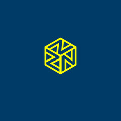 N logo. Monogram in a hexagon. Yellow N monogram on hexagon on a dark background.