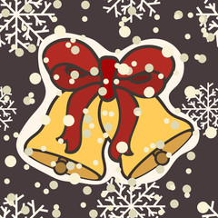 Merry Christmas and Happy New Year design in traditional style. Golden Christmas bells with red ribbon. Simple minimal flat design. Yellow bells with red bow vector illustration. Jingle bells sign.