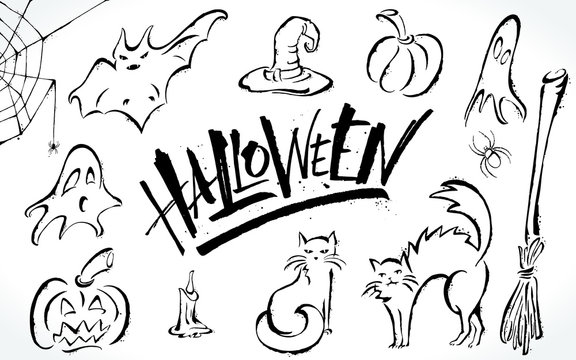 Halloween clipart set. Hand drawn pictures, vector illustration. Template for banners, posters, merchandising, cards or photo overlays.
