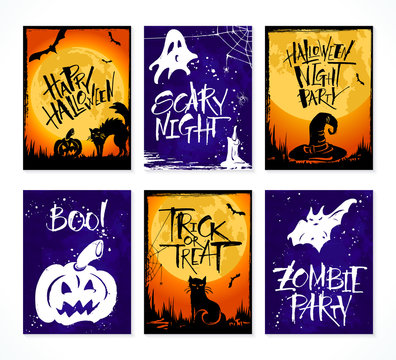 Set of 6 Halloween card. Handwritten modern calligraphy, vector illustration. Template for banners, posters, merchandising, cards or photo overlays.