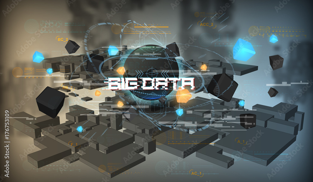 Poster big data abstract visualization. futuristic aesthetic design. big data background with hud elements.