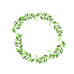 Round green leaves frame on white background. Hand drawn watercolor vector illustration.