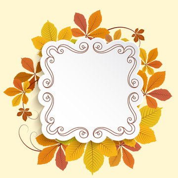 Autumn label, square frame on yellow leaves