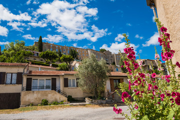 Vue sur le village de Banon en France, Provence. Les fleurs de malva au premier plan. - obrazy, fototapety, plakaty