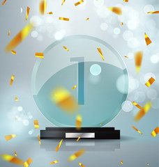 Glass Trophy Award. First place prize plaque. Festive illustration with prize and trophy winner. Golden flickering confetti and flickering glare. Vector transparent object 10 eps