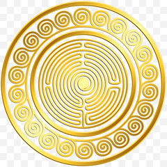 Traditional vintage Golden round Greek ornament, Meander and floral pattern on transparent background. Gold pattern for decorative tiles