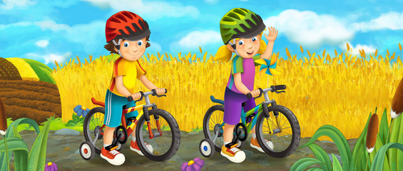Cartoon scene with young girl and boy on a bicycle near the farm field - illustration for children