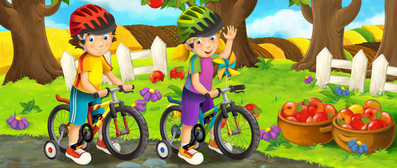Cartoon scene with young girl and boy on a bicycle near some orchard - illustration for children