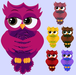 A set of colorful coquettish co-girls with long eyelashes, folded wings and a rose pattern on the chest