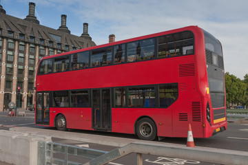 Public traffic, red doubledecker bus on Westminster bridge