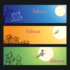 Naklejka premium Set of vector crayon drawn happy halloween day background banner with hand drawing spooky naked trees, moon, old house, witch, ghost, bat and pumpkin. Chalk pastel or pencil design invitation card.