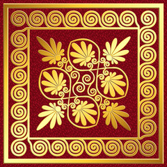 Golden square frame with traditional vintage Greek Meander and floral pattern on red background for design template.