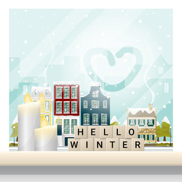 Letters spelling hello winter on wooden table top with winter cityscape background , vector , illustration