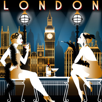Two flapper girls in a restaurant overlooking London. Tourist or retro party invitation card. Hand drawing vector illustration. Art Deco style.