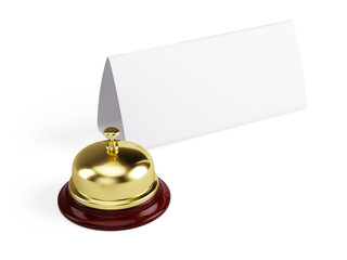Golden reception bell and blank sign isolated on white background - 3d rendering