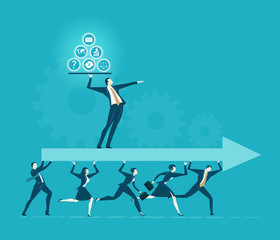 Lots of office workers running and caring the big arrow with leader staying on top of it. Team, working together, coordination and developing business concept.
