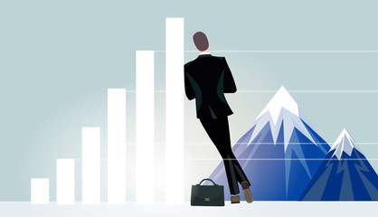 Businessman lean on the growth bar chart and looking on the mountains. Business concept collection.