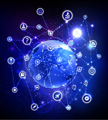 Planet Earth surrounded communicating icons. Neon effect. Business network concept. 