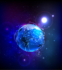 Planet Earth surrounded communication lines. Neon effect. Business network concept. 