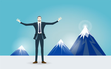 Businessman front of the mountains. Business  success concept illustration.