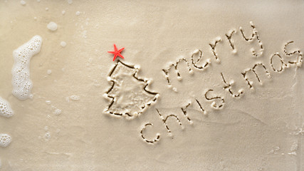 Holiday background - merry Christmas and tree with starfish drawn on a sandy beach