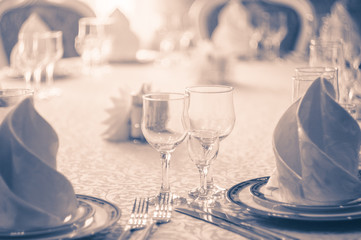 restaurant white hall with wedding table and pure glass