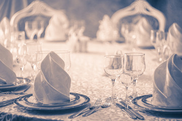 restaurant white hall with wedding table and pure glass