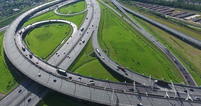 Aerial view at the intersections of Western High Speed Diameter (WHSD) and city ringroad at summer. St. Petersburg, Russia