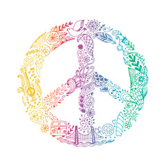 Vector peace symbol made of hippie theme doodle handdrawn icons, pacifism sign. Hippie style ornamental background. Love and peace, hand-drawn doodle background. Colorful peace symbol on white