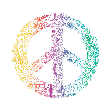 Vector peace symbol made of hippie theme doodle handdrawn icons, pacifism sign. Hippie style ornamental background. Love and peace, hand-drawn doodle background. Colorful peace symbol on white