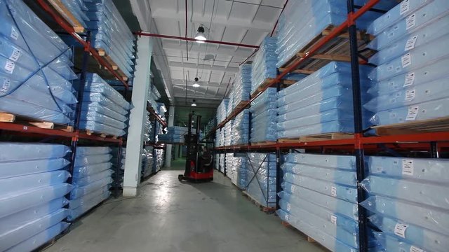 mats production, mattress warehouse on production, skidder for mattresses, modern factory, mattresses in stock, general plan, interior