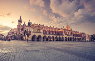 St Mary's church and cloth hall on Main Market Square in Krakow, colorful morning