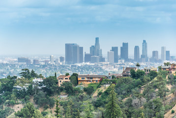 Naklejka premium Los Angeles, the business center of California. Cityscape of the downtown, aerial view