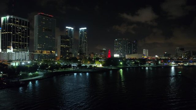 Low aerial approach Downtown Miami 4k