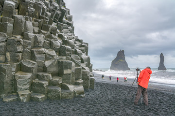 Basalt stacks of Reynisdrangur at Reynisfjara beach, Iceland