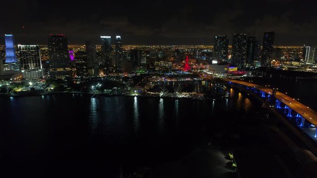 Night aerial video Port Boulevard to Downtown Miami