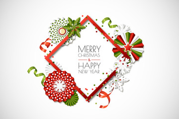 Vector holiday frame with paper stars and snowflakes in green, red, white colors. Merry Christmas, Happy New Year greeting card. Material design for banner, flyer, poster.