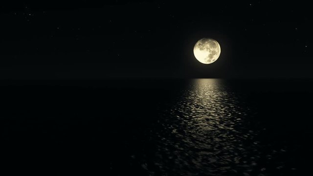 Seamless loop moonlight path with low fool moon above the sea