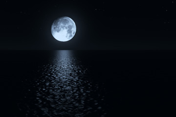 Naklejka na ściany i meble Moonlight path with low fool moon above the sea realistic 3d illustration
